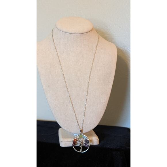 Gemstone Tree of Life Pendant Marked 8KGE on Silver Tone Chain Necklace - Picture 7 of 7